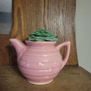 Pink Teapot with Faux Succulent and Moss Arrangement